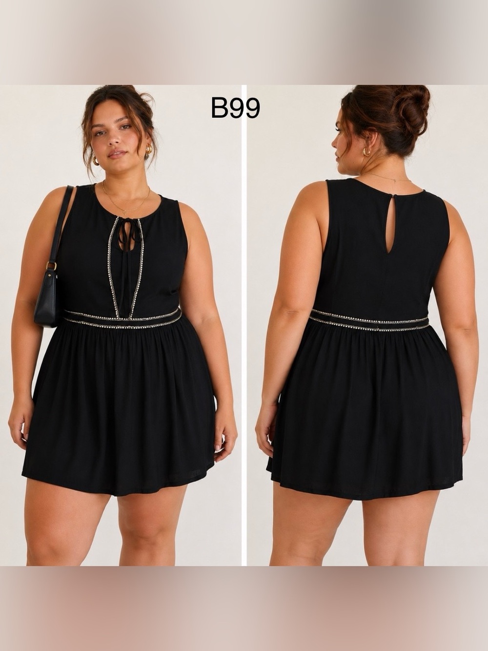 Relished Summer Black Women’s Sleeveless Dress with Gold Beaded Trim,Size M/L
